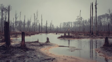 Post-Fire Wetlands in a Burned Forest Landscape with Dead Trees and Water Reflections