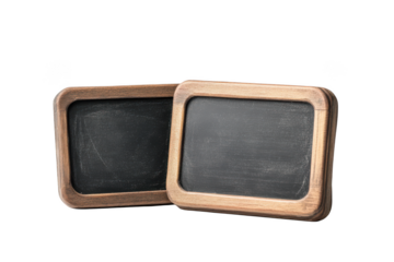 Two blank chalkboards with wooden frames, school education supplies, learning tools and presentation boards isolated on transparent background