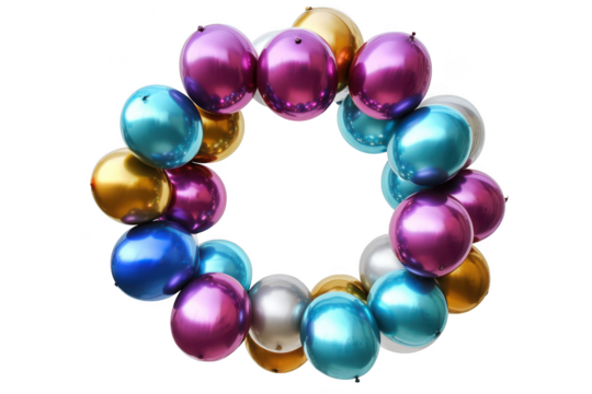 Colorful metallic balloons wreath decoration party celebration birthday anniversary shiny balloons isolated on transparent background