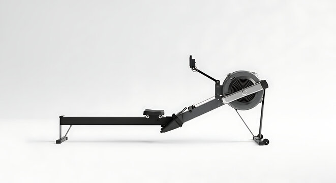 A side view of a black rowing machine against a plain white background in a studio setting indoors ai generated