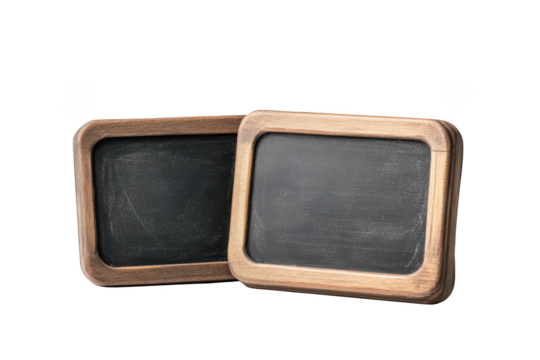 Two blank chalkboards with wooden frames, school education supplies, learning tools and presentation boards isolated on transparent background