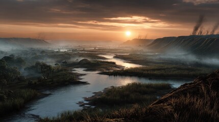 Beautiful Sunrise Over a Misty River Valley with Hills and Smoke Clouds in the Distance