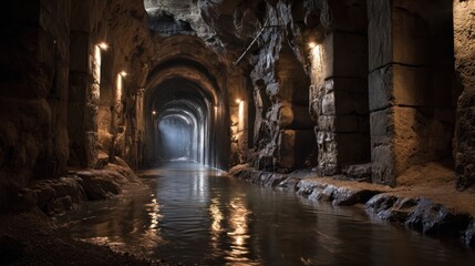 Underground tunnel with water flowing through carved stone walls illuminated by warm lights