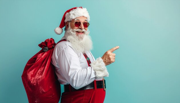 Święty Mikołaj z workiem prezent&oacute;w na niebieskim tle wskazuje palcem w bok