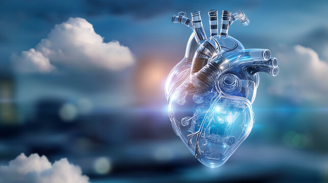 Futuristic mechanical heart, floating sky position, technological organ visualization, surreal medical concept, advanced healthcare imagery, bioengineering display, cybernetic anat