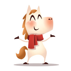 Joyful Cartoon White Horse Character with Red Scarf