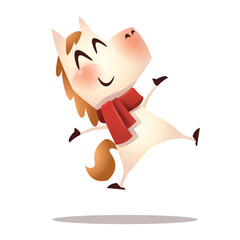 Joyful Cartoon White Horse Character with Red Scarf. Jumping