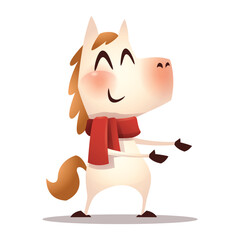 Joyful Cartoon White Horse Character with Red Scarf