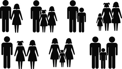 Collection of family icon pictograms representing diverse family structures