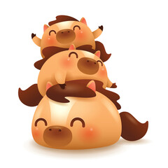 Horse pile. Three Cute Little Cartoon Horse