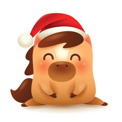 Cute Little Cartoon Horse. Christmas Santa’s Red Cap. Happy New Year