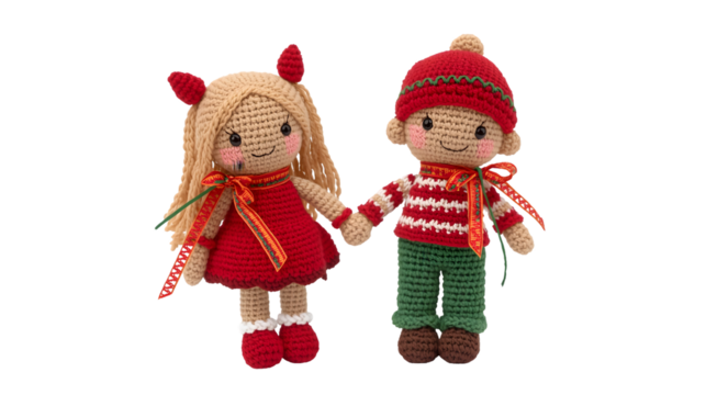 Handmade crochet dolls a girl and a boy in winter clothes holding hands isolated on white background - Powered by Adobe