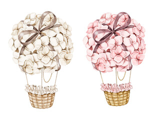 Watercolor illustration of two hot air balloons made out beige and pink hydrangea flowers with woven baskets below. Great for baby shower invitations, nursery wall art, or greeting card
