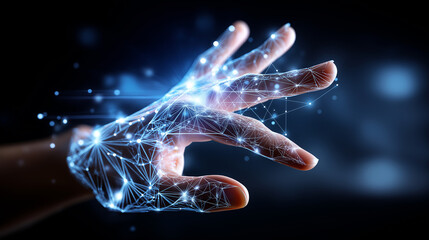 Wireframe hand structure, blue white geometric, connections on black, network visualization display, digital anatomy concept, technological healthcare imagery, abstract medical rep