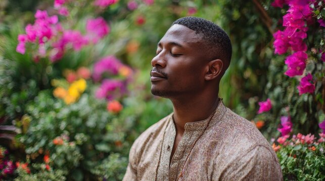 A man sits calmly with his eyes closed enjoying a moment of meditation surrounded by colorful blooming flowers in a lush garden on a sunny day.