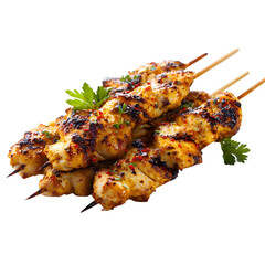 Delicious Spicy Grilled Chicken Skewers Isolated on White Background for Food Photography and Menu Design