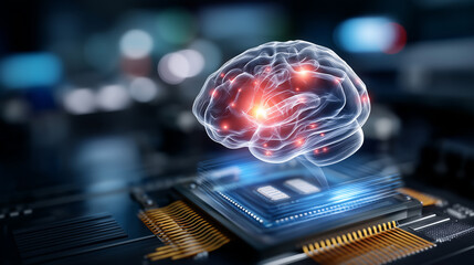 Brain atop computer chip, three-dimensional model, artificial intelligence concept, neural technology integration, cognitive computing display, medical innovation visual, digital h