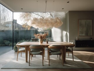 A large table with a cloud shaped lamp hanging above it. There are six chairs around the table