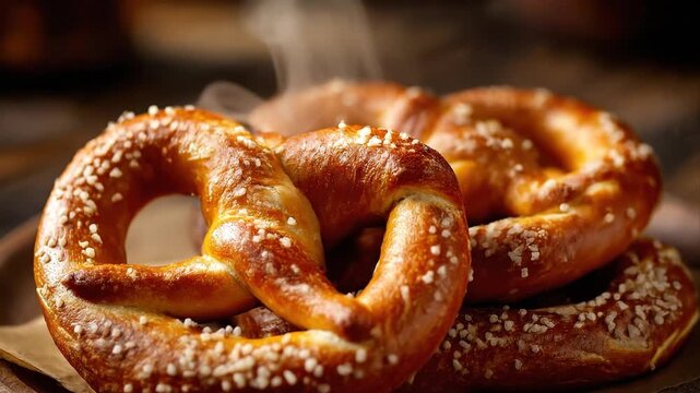 Two traditional freshly baked pretzels with coarse salt on a rustic wooden board. German snack for Oktoberfest celebration. October fest in Germany food. Baked pastry shaped into knot.