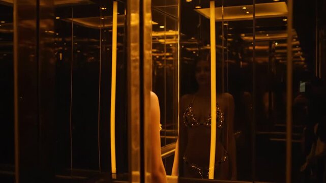 Glamorous woman in gold bikini walks through infinity mirror room