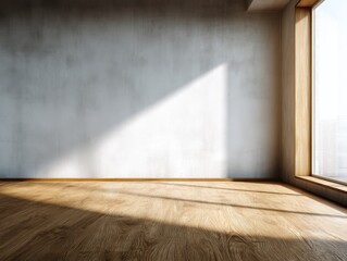 A large empty room with a window. The room is bare and has no furniture. The floor is made of wood