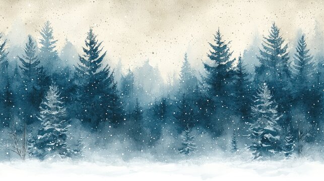Snowy winter forest scene, watercolor painting, snowfall background, holiday card design