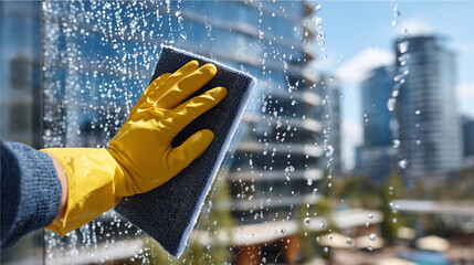 Gloved hand wiping down a large office window with squeegee, sunlit interior appearing gradually behind the cleared glass