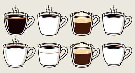 Coffee cups set with different drinks