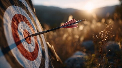 Dynamic close-up of an arrow embedded in the bright red bullseye, golden rays of sunset illuminating the wooden target frame and surrounding field