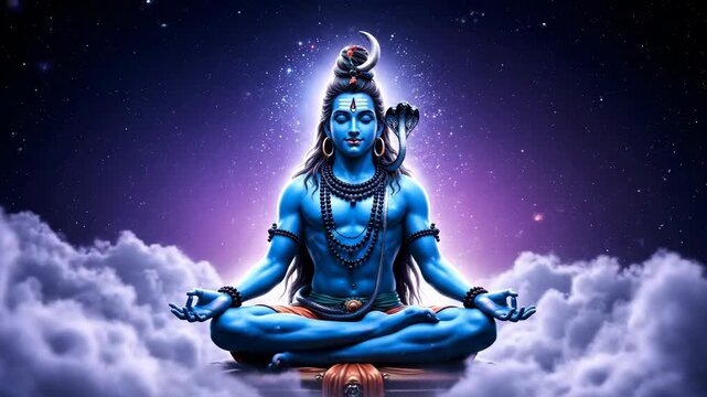 Shiva god meditating in starry night sky with moon and cobra, spiritual prayer and divine devotion concept. Spiritual animation.