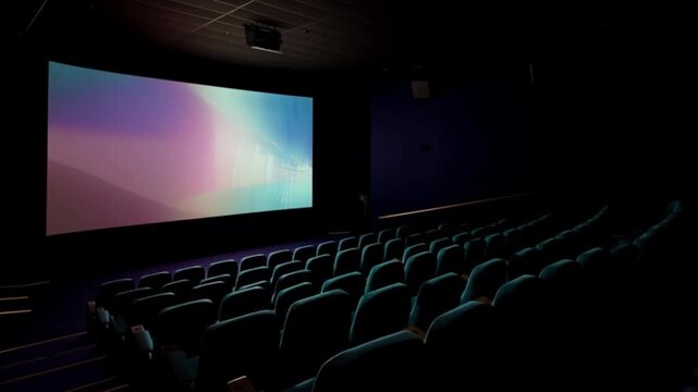 Empty cinema auditorium with glowing projector screen casting soft atmospheric light across rows of seats, immersive movie theater environment symbolizing entertainment experience anticipation and vis