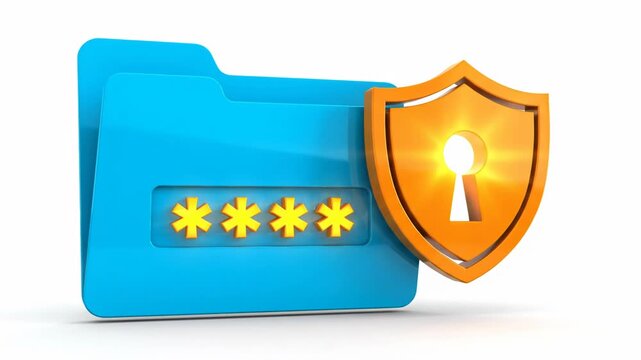 3d rendering of a blue folder with a password entry and an orange shield icon symbolizing data security and privacy isolated on white background