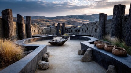 Unique Modern Outdoor Meditation Space with Artistic Design and Rocky Landscape