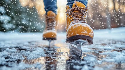 Ice skating boots on snowy winter park path