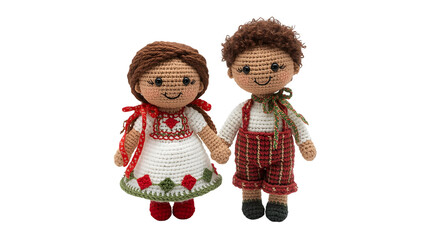 Handmade crochet dolls a girl and a boy holding hands isolated on white background