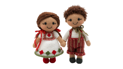 Handmade crochet dolls a girl and a boy holding hands isolated on white background