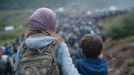 Back shot of a woman and child leading a column of refugees stretching far into the distance, walking toward a mist-covered border crossing, the atmosphere heavy with struggle, uni