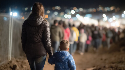 Endless line of refugees captured from behind, the woman guiding her child forward, their silhouettes merging with the crowd as they approach a distant, guarded crossing illuminate
