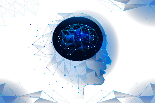 Abstract digital representation of a human head with a glowing blue neural network inside symbolizing artificial intelligence and cognition isolated on transparent background - Powered by Adobe