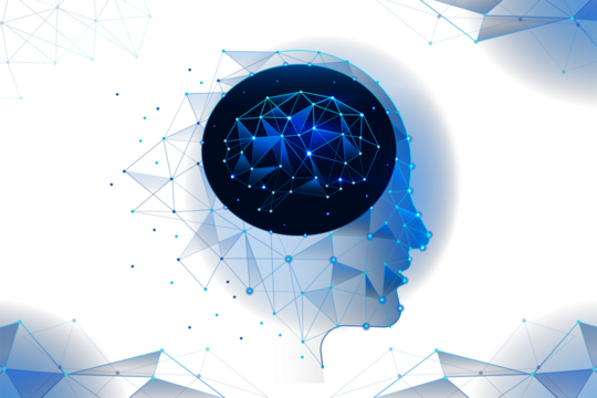 Abstract digital representation of a human head with a glowing blue neural network inside symbolizing artificial intelligence and cognition isolated on transparent background