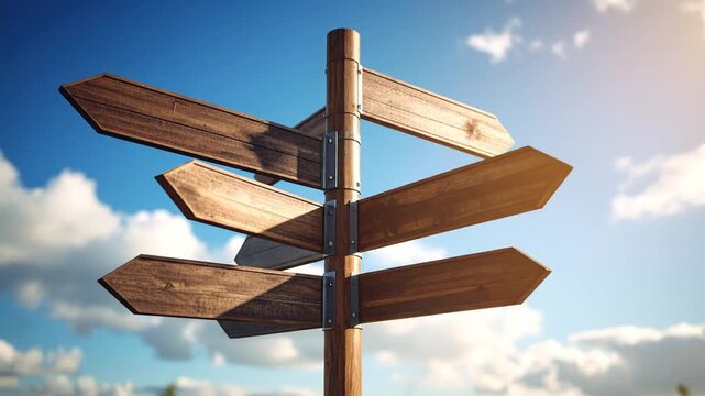 Wooden Direction Signpost Against Blue Sky and Clouds