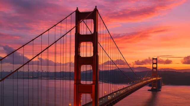 The Golden Gate Bridge stretches across calm bay waters under a stunning sunset sky, its orange towers and cables glowing against layers of pink, orange, and purple clouds. The bridge lights form a sp