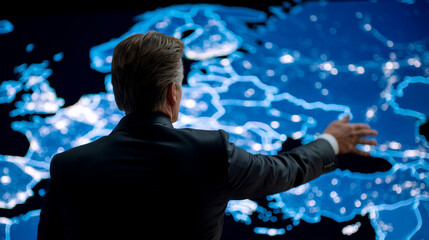 Silhouette from behind of a statesperson gesturing toward a detailed digital map of Eastern Europe, glowing with shifting geopolitical zones, conveying tense international diplomac