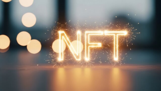 NFT text with sparkler effect. Concept of non-fungible token, cryptocurrency, blockchain technology for digital art and collectable.