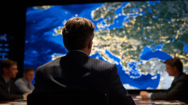 Back-facing view of a statesperson discussing borders on a large Europe map, advisor silhouettes visible in the background, representing intense geopolitical collaboration