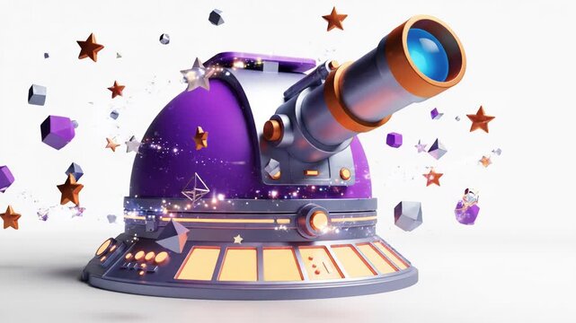 Stylized purple telescope with orange accents looking at floating stars and geometric shapes isolated on white background