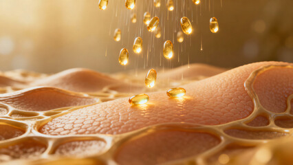 Close-up View of Gel Capsules Dropping on Skin Surface with Warm Light Effect