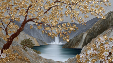 High-relief stucco molding capturing a calming Japanese nature scene with steep mountains, a misty waterfall, and scattered metallic-gold cherry blossoms enhancing the artworkâs de