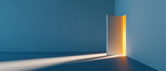 Minimalist empty room with partially open door casting warm light and long shadows on blue walls and floor