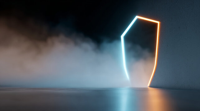 Futuristic glowing neon doorway with blue and orange lights in a dark foggy room with reflective floor and textured wall